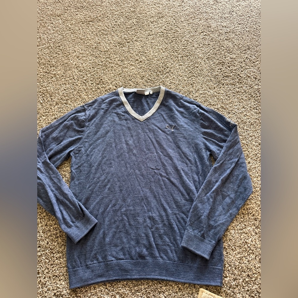 Puma Sweater Mens Large Wool Blend Pullover Knit V-Neck Logo Blue Long Sleeve